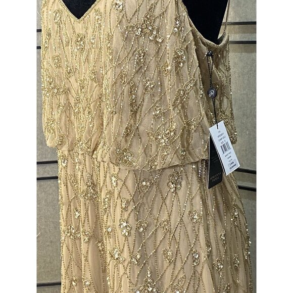 Adrianna Papell Beaded Blouson Long Gown Formal Wedding Sz 12 Champagne Gold - Picture 3 of 16